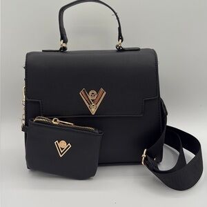 Valentio Orlandi Black Vegan Leather V-Logo Crossbody Bag with Mini Zip Pouch